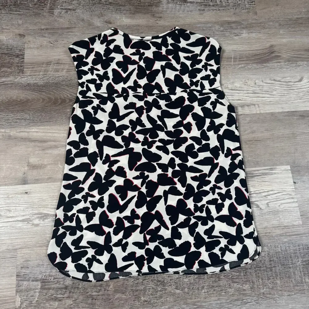 Kate Spade Butterfly Print Sleeveless Blouse White Black Classic Small
